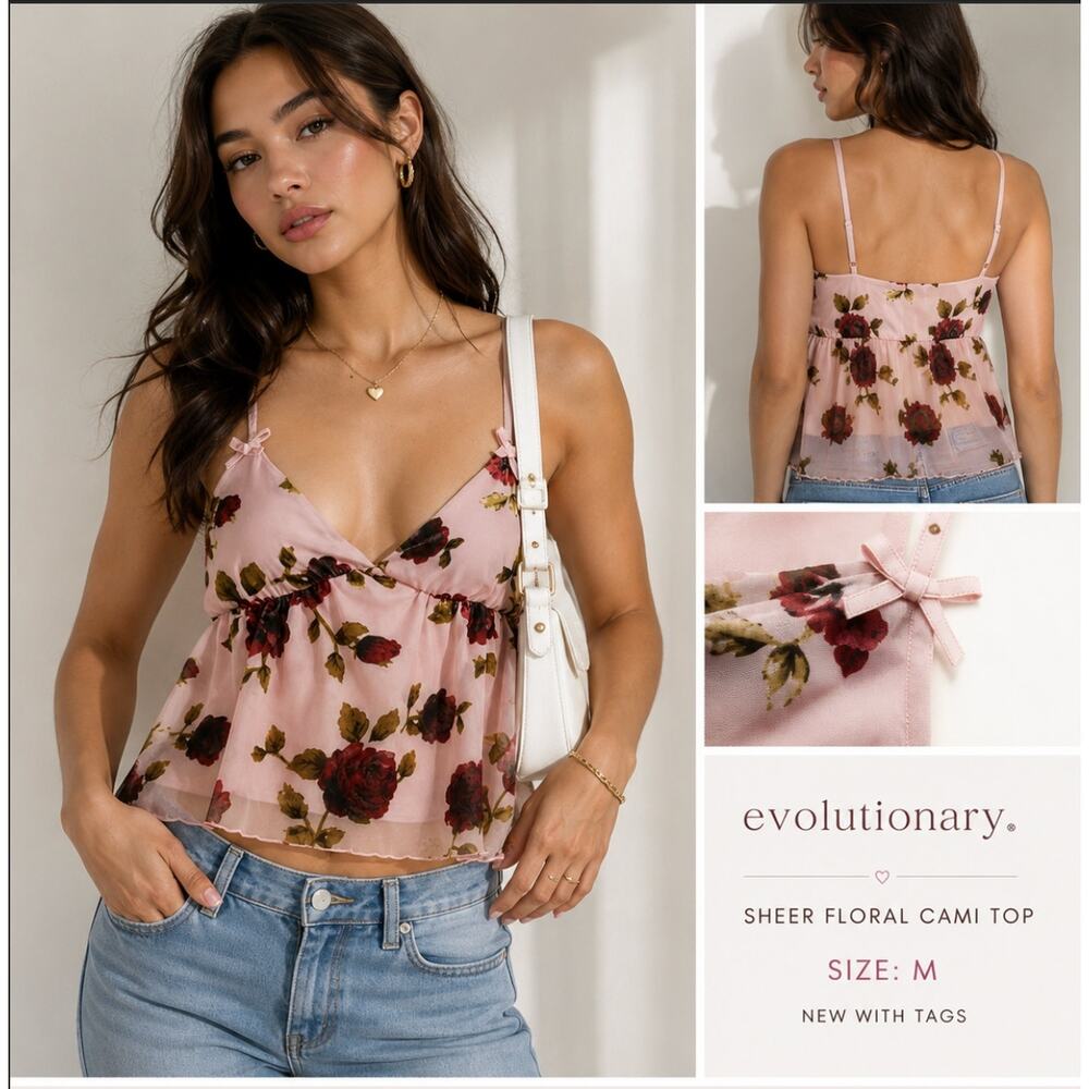 Evolutionary Sheer Floral Cami Top Pink Rose Print Y2K Coquette L NWT Romantic